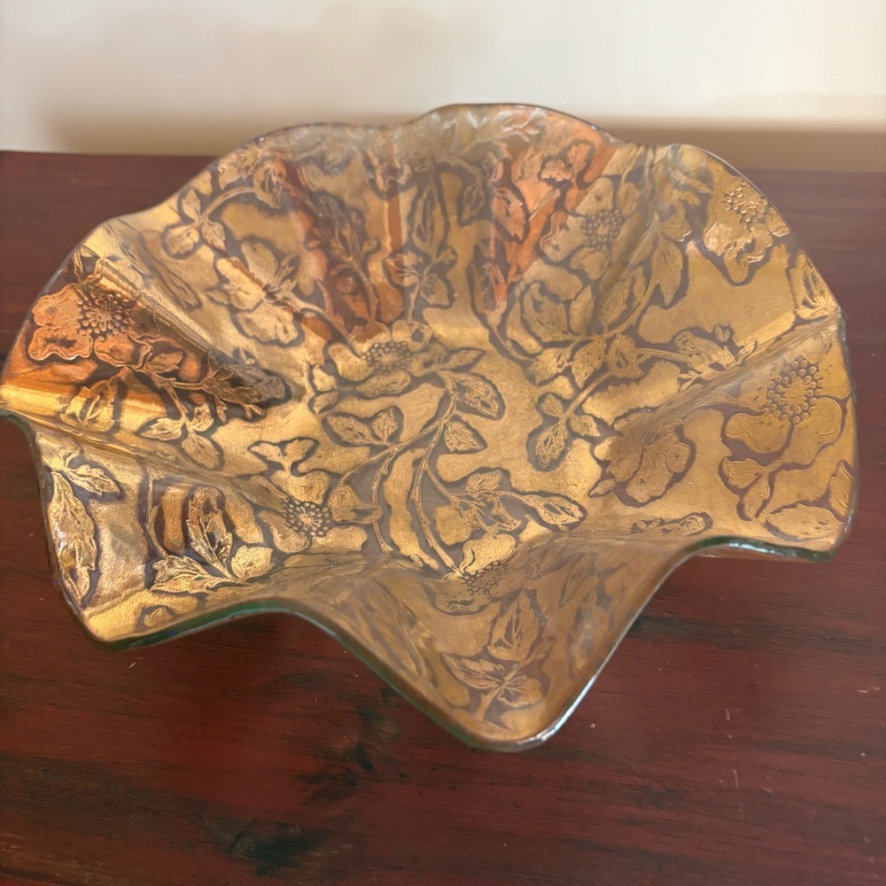 Vintage Ruffled 11” Bowl Hollywood Regency Gold Floral Embossed